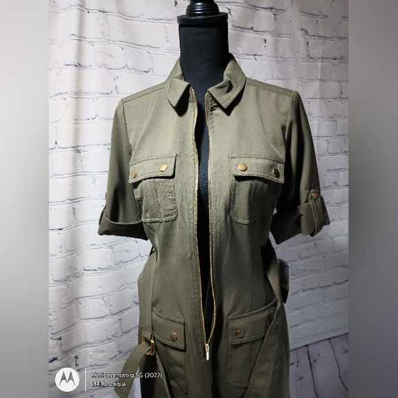 Short Sleeve Full Body Zipper Midi ShiftDress OliveDrab - Picture 15 of 16